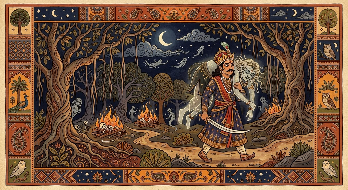 A crowned king carrying a ghostly spirit over his shoulder through a moonlit cremation ground with banyan trees, Indian folk-art style