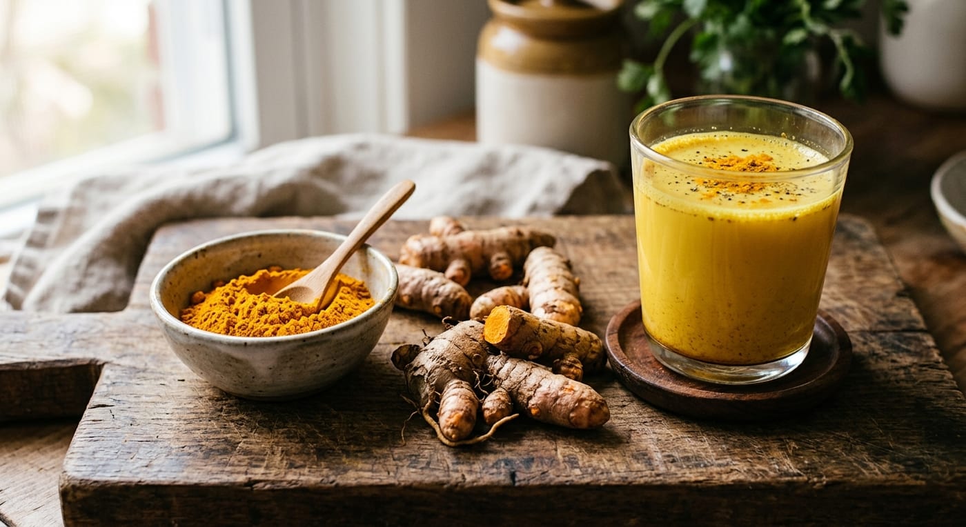 Fresh turmeric roots, ground turmeric and a glass of golden turmeric milk