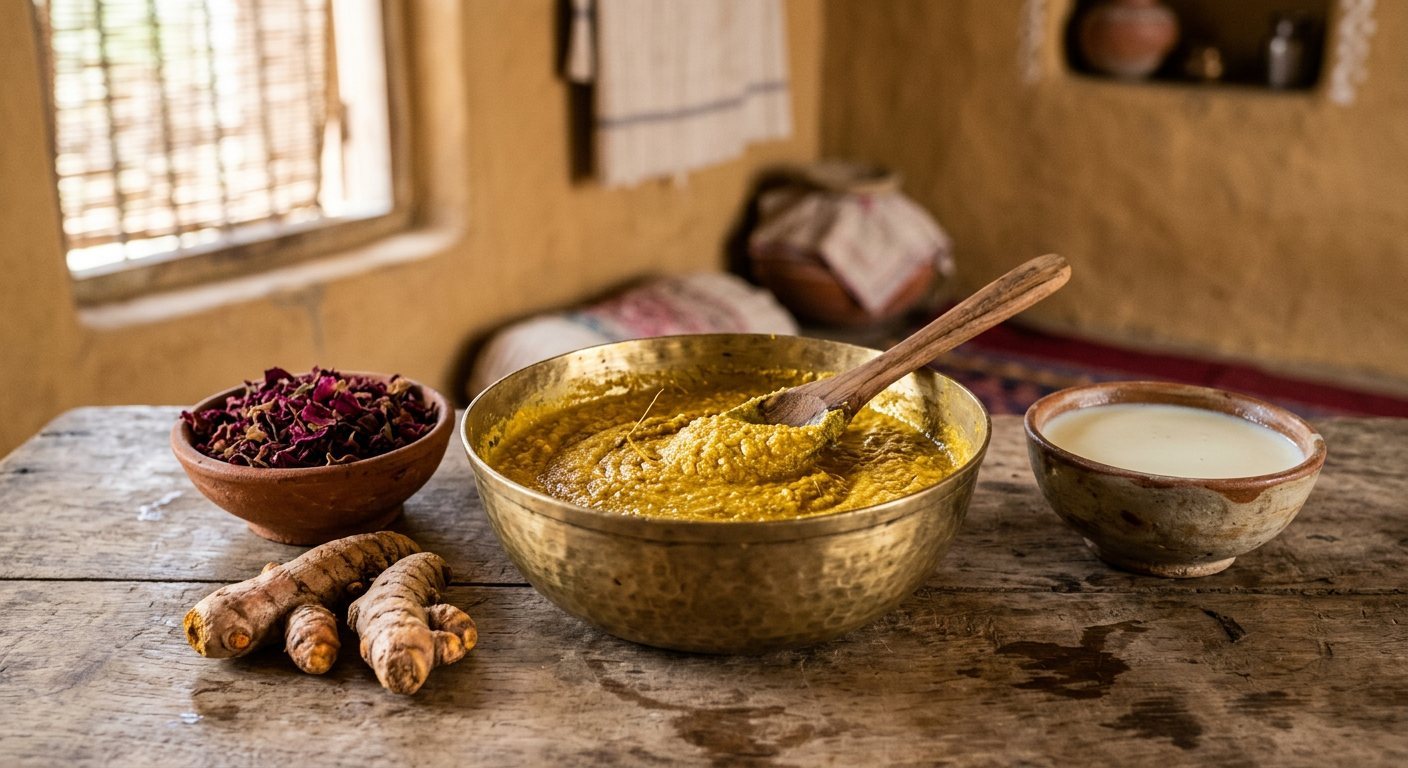 A brass bowl of yellow turmeric and gram flour ubtan paste with raw turmeric root, rose petals and a bowl of milk
