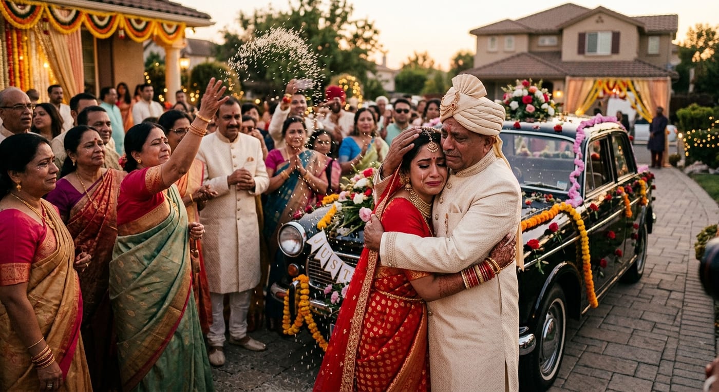 A bride in a red saree embracing her father beside a decorated car during the vidaai farewell