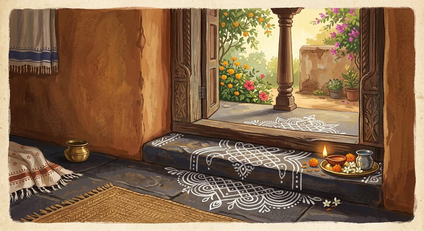 The stone threshold of an Indian home decorated with a kolam pattern and a small lamp, seen from inside looking out
