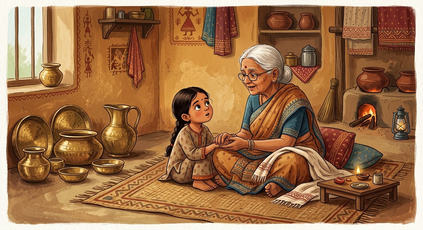 An elderly Indian grandmother sitting on a floor mat with a young child listening intently, warm domestic interior