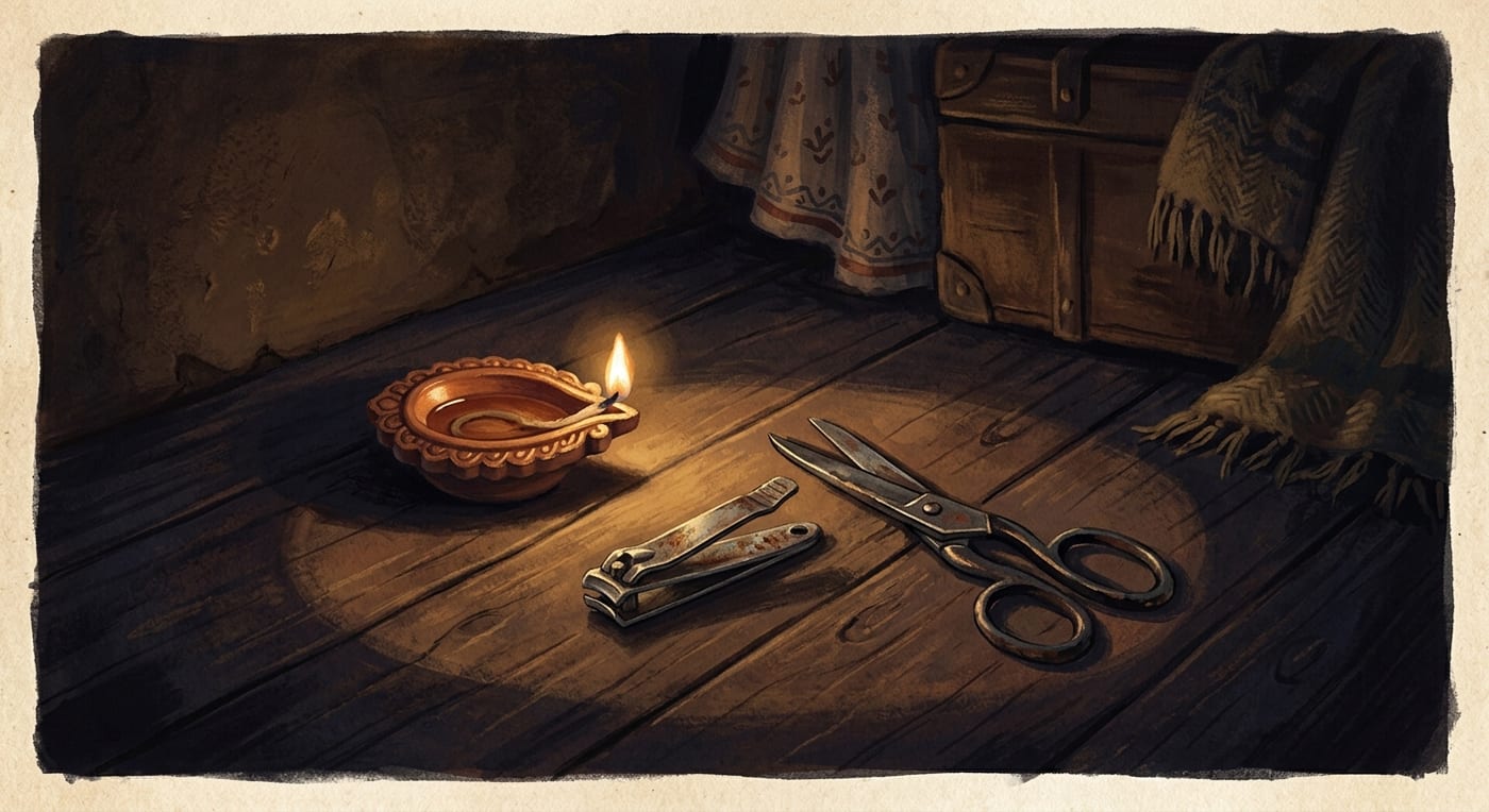 An oil lamp casting a small circle of light on a wooden floor beside old nail clippers and scissors, deep shadows around