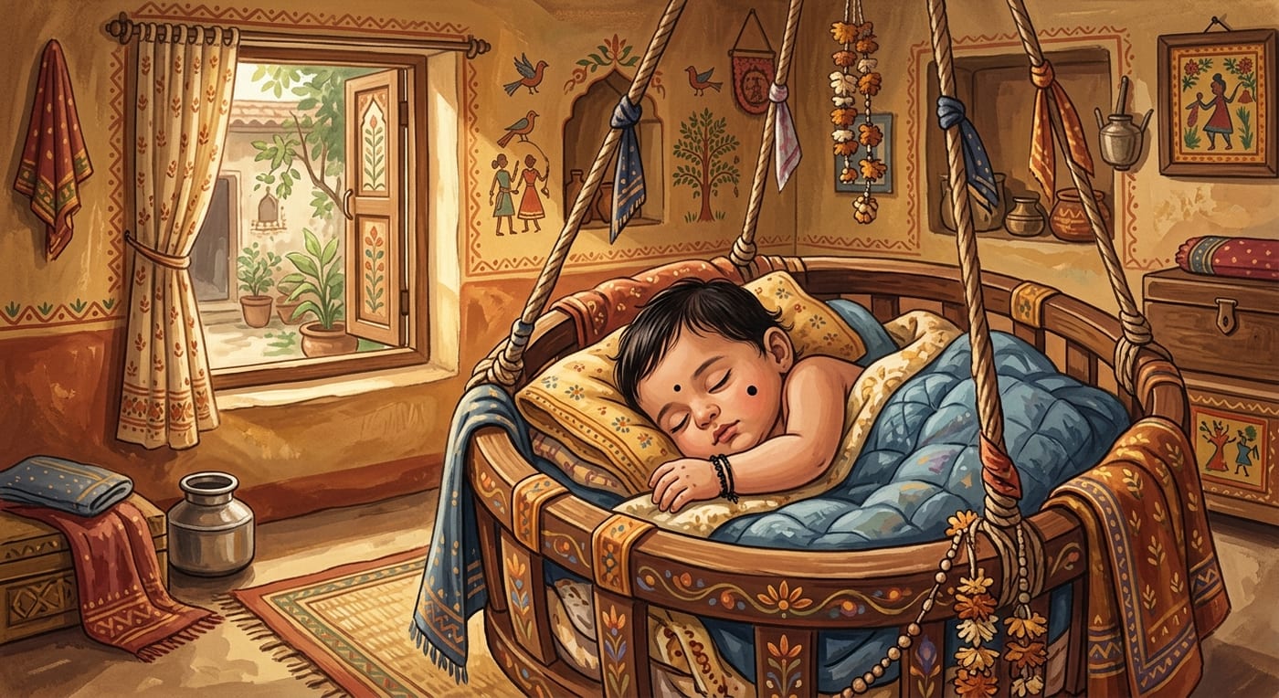A sleeping baby in a cradle with a small black kajal dot on the cheek and a black thread around the wrist