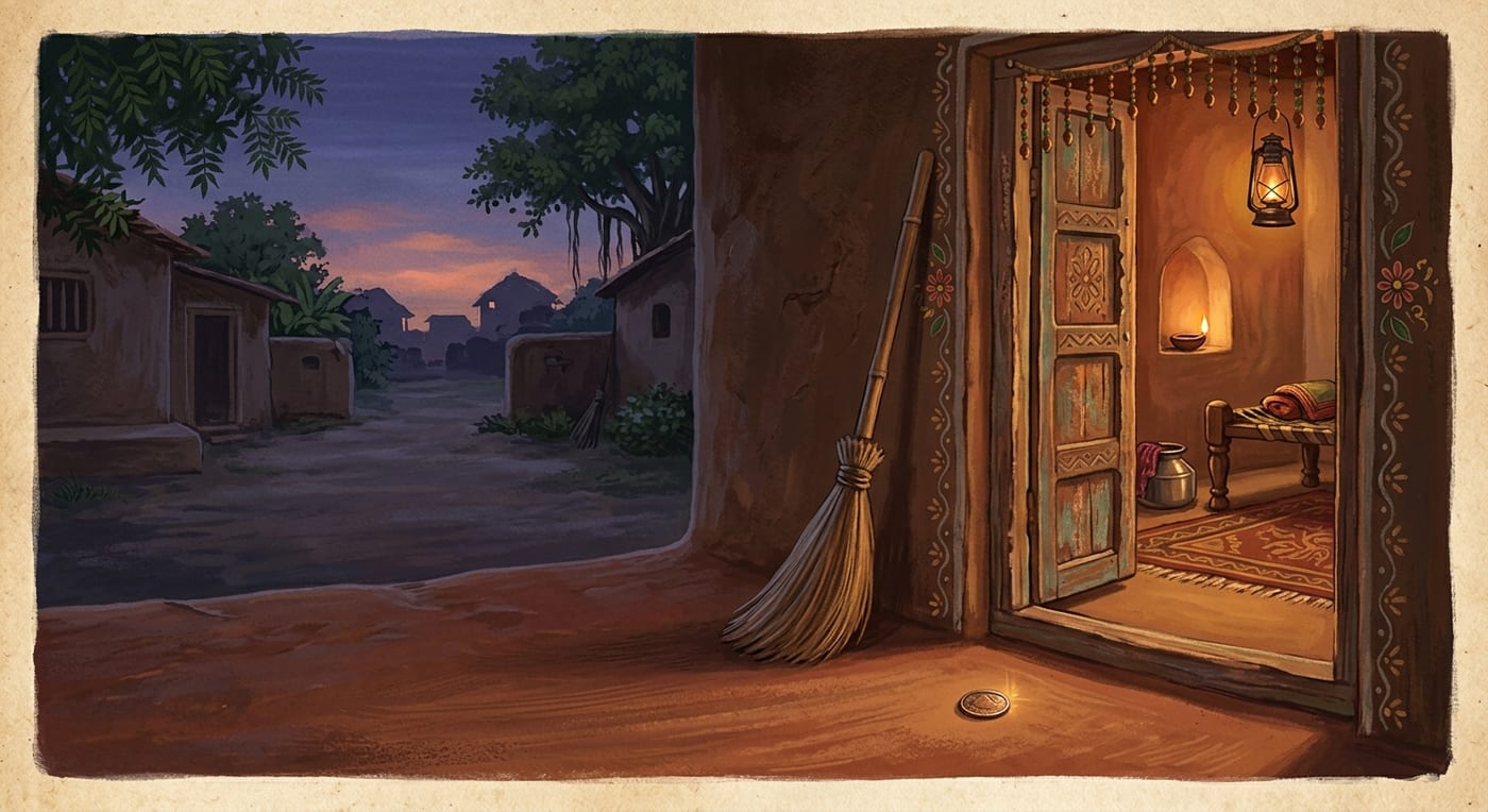 A broom leaning by a doorway at dusk with a single coin glinting on the swept floor, warm lamplight from inside