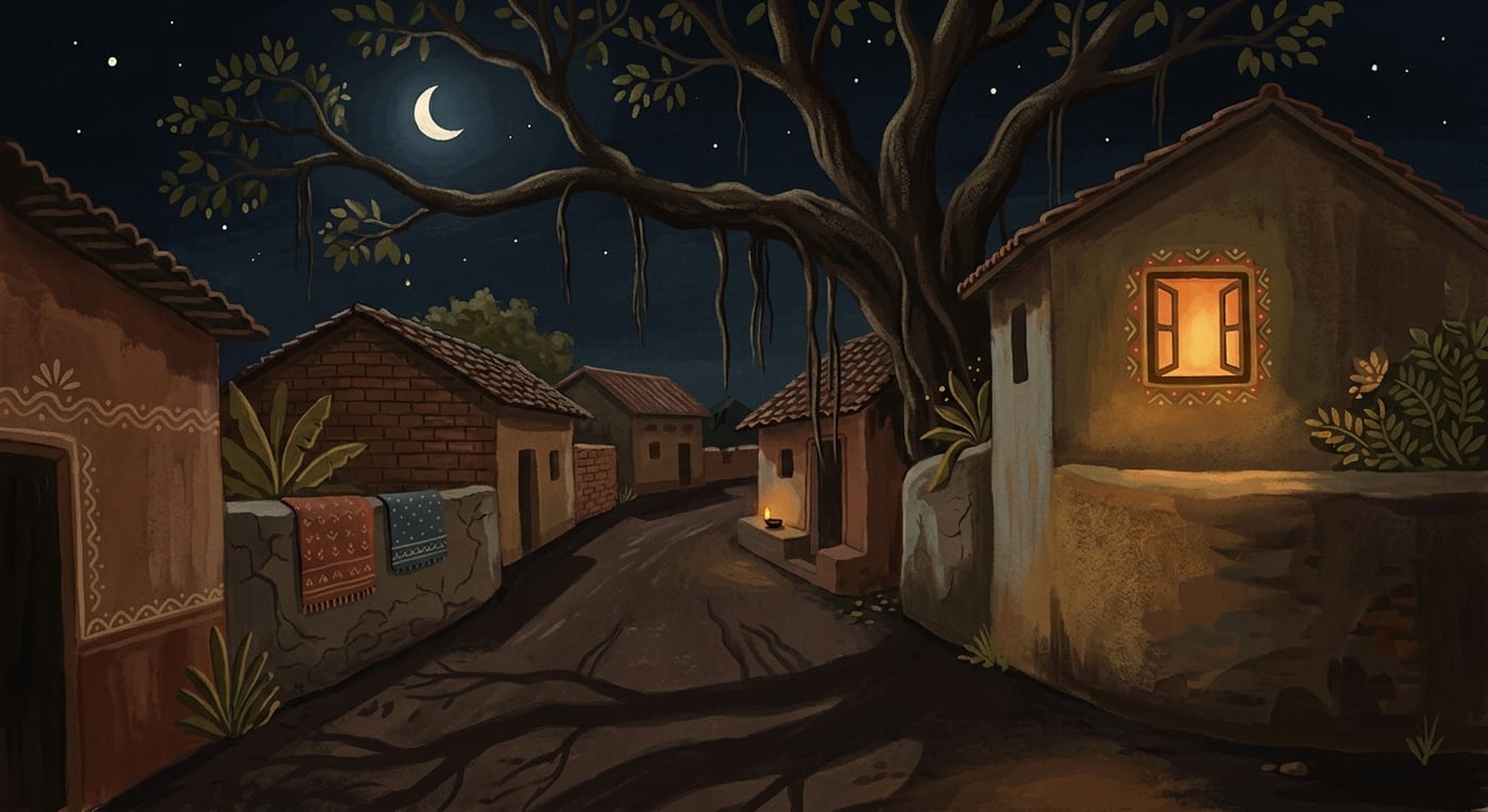 A dark village lane at night with a banyan tree silhouette and a single lit window, moonlight and long shadows