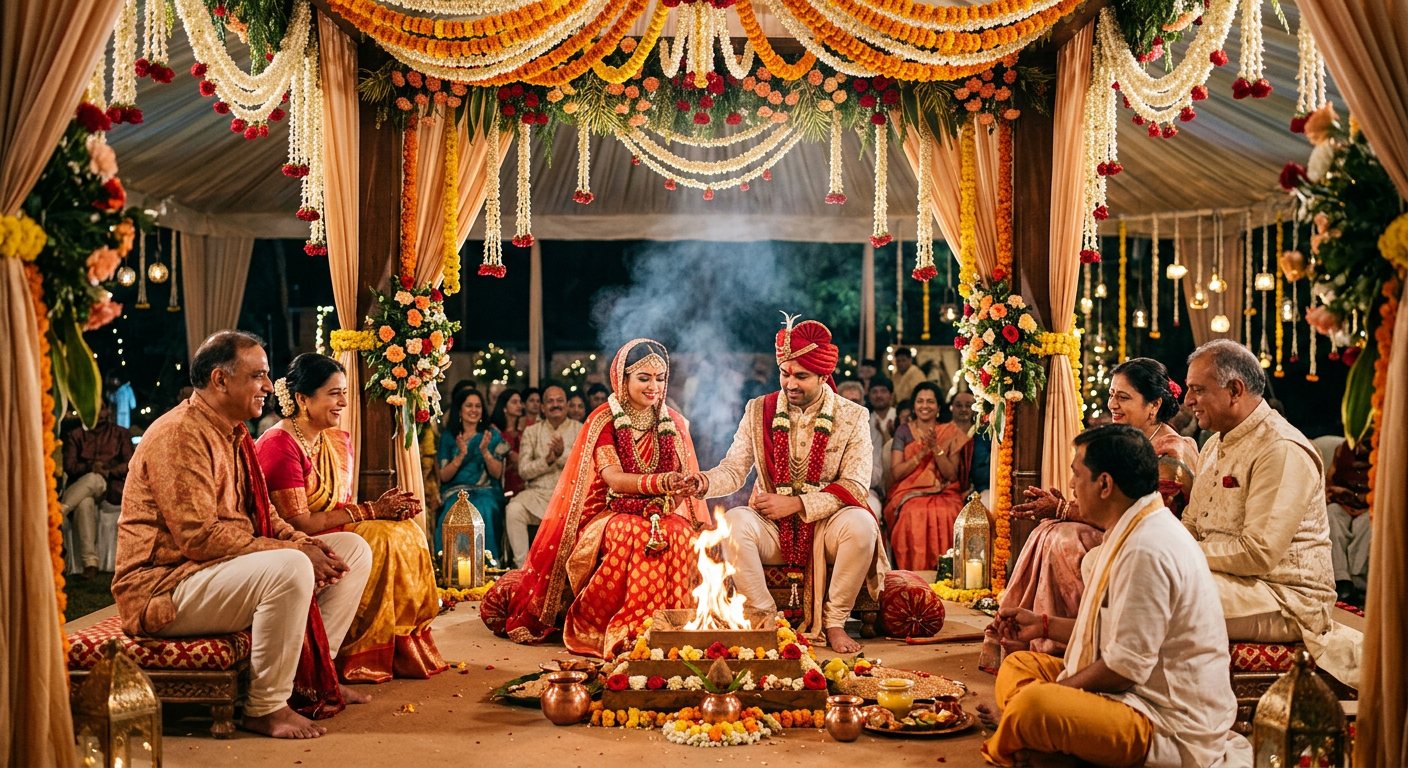 A wedding couple seated before the sacred fire under a flower-decorated mandap, family around them