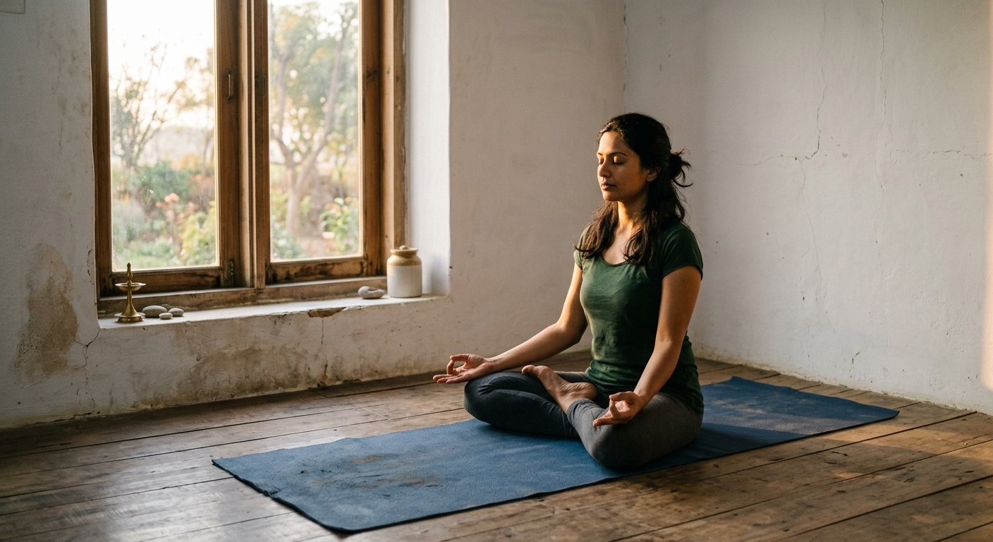A person in seated meditation on a simple mat in a bright plain room at sunrise